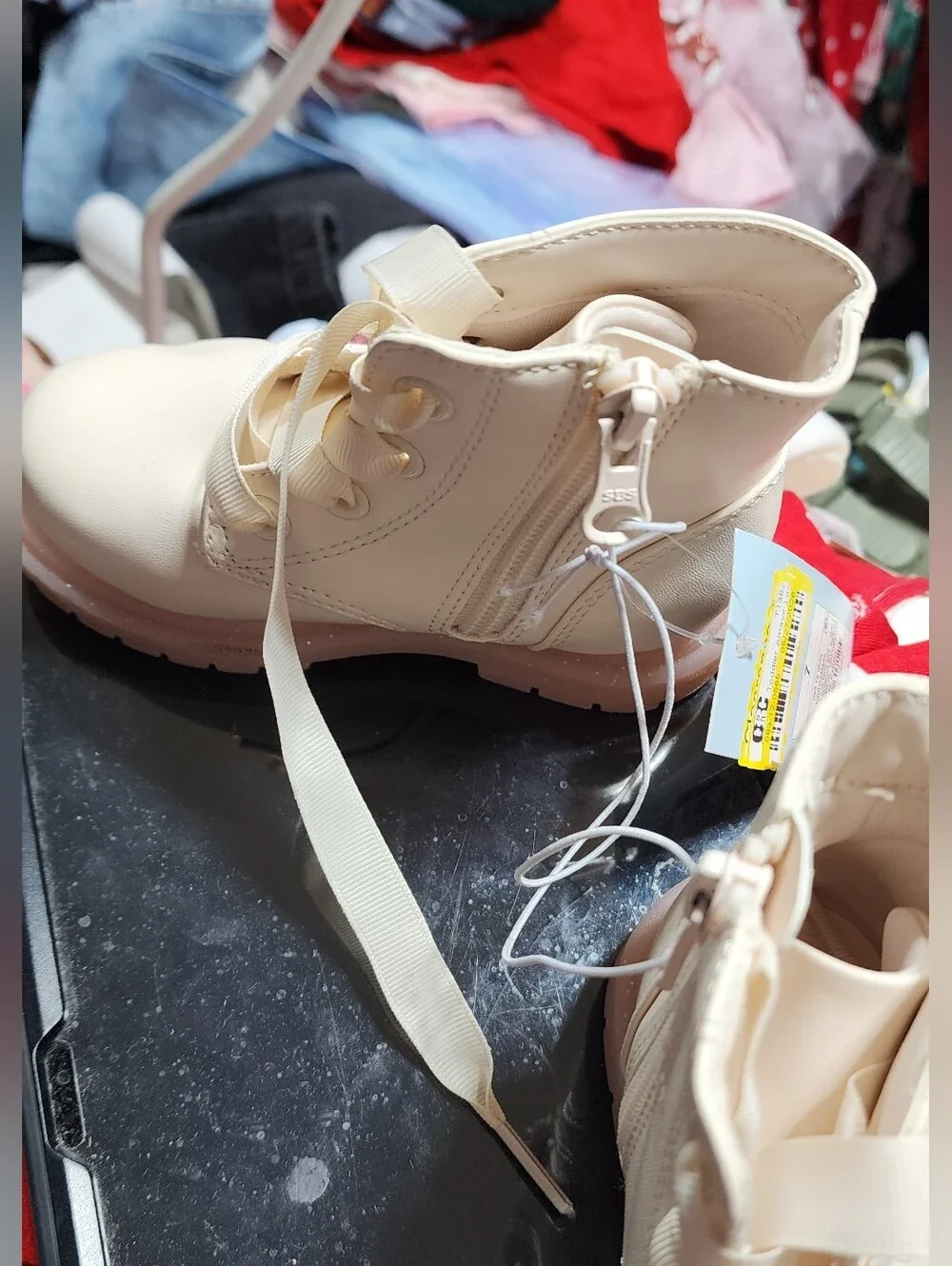 Cat & Jack Girls Cream Lace-Up Ankle Boots with Pink Sole